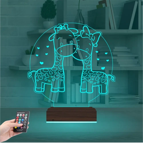 Zürafa Kalp Çocuk Odası 3D Lamba - Masa Gece Lambası