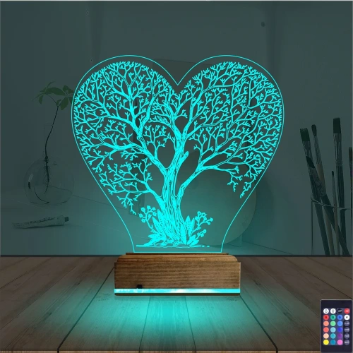 Hayat Ağacı Kalp Ağaç 3D Lamba - Masa Gece Lambası