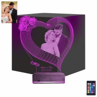 Kalp Gül Sevgiliye Hediye Fotoğraflı 3D Lamba - Masa Gece Lambası