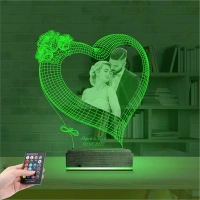 Kalp Gül Sevgiliye Hediye Fotoğraflı 3D Lamba - Masa Gece Lambası
