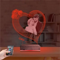 Kalp Gül Sevgiliye Hediye Fotoğraflı 3D Lamba - Masa Gece Lambası