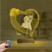 Kalp Gül Sevgiliye Hediye Fotoğraflı 3D Lamba - Masa Gece Lambası