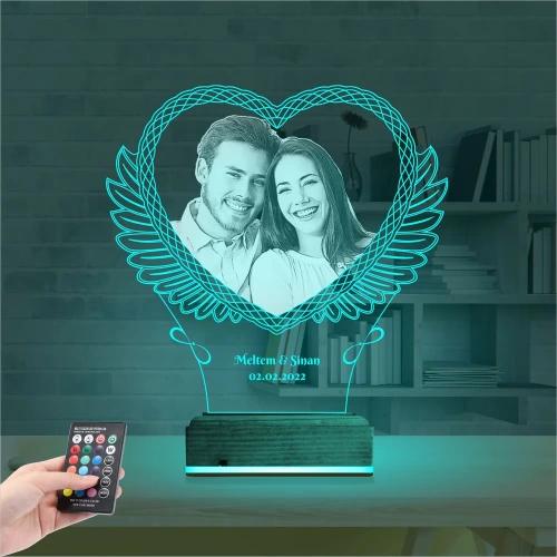 Kalp Melek Sevgiliye Hediye Fotoğraflı 3D Lamba - Masa Gece Lambası