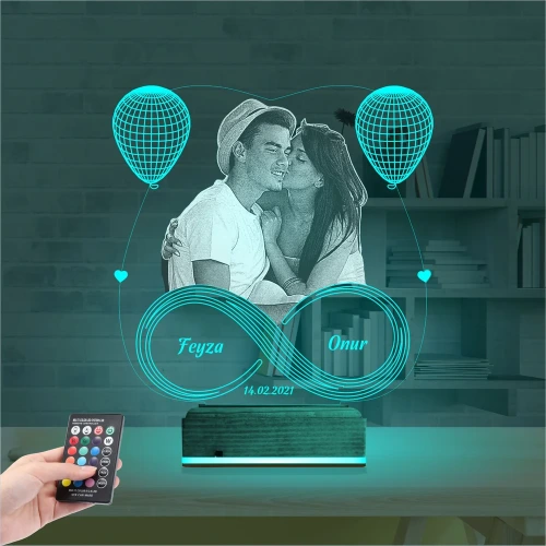 Kalp Balon Sevgiliye Hediye Fotoğraflı 3D Lamba - Masa Gece Lambası