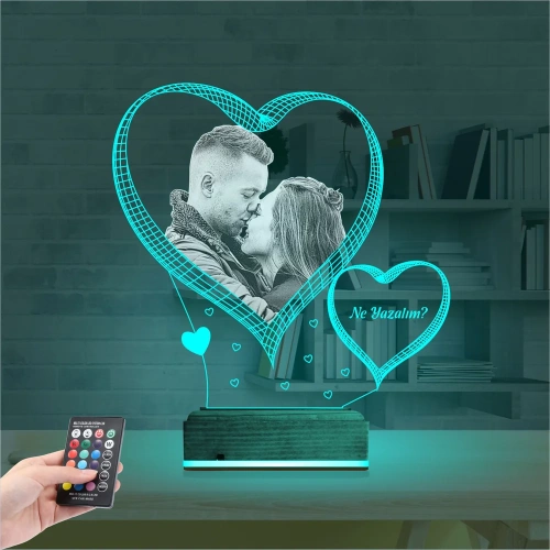 Kalp Sevgiliye Hediye Fotoğraflı 3D Lamba - Masa Gece Lambası
