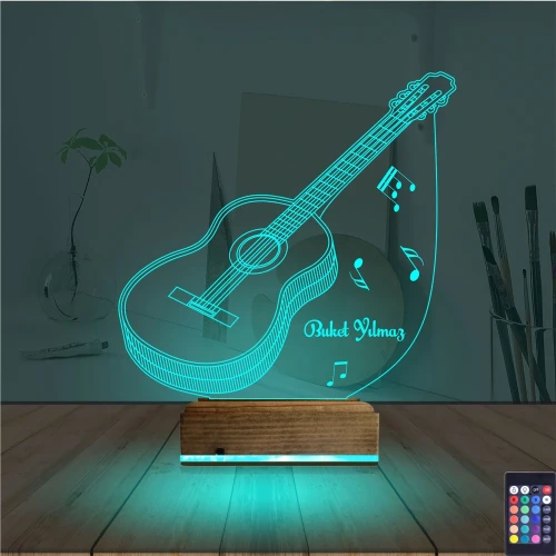 Klasik Gitar Müzik Nota Kişiye Özel 3D Lamba - Masa Gece Lambası