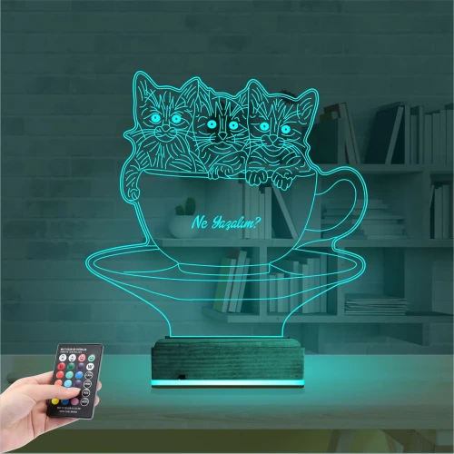 Kedi Fincan Tasarım Kişiye Özel 3D Lamba - Masa Gece Lambası