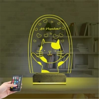Sevimli Kedi Kalp Kişiye Özel 3D Lamba - Masa Gece Lambası