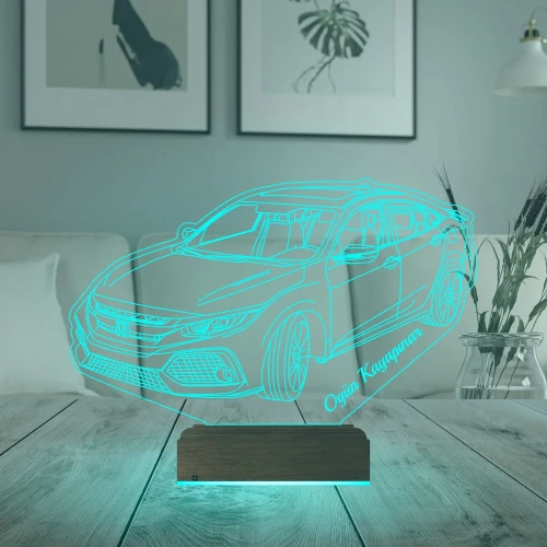 Honda Civic Tasarım Spor Araba Kişiye Özel 3D Lamba - Masa Gece Lambası