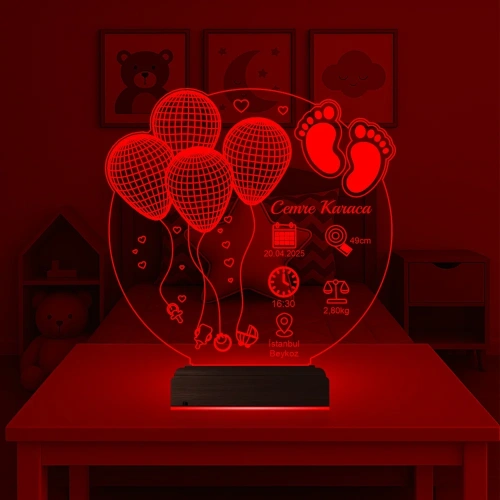 Bebek Odası Hediye Balonlu Doğum Hediyesi Kişiye Özel 3D Lamba - Masa Gece Lambası