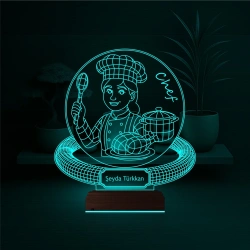 Chef Şef Aşçı Kadın Kişiye Özel 3D Lamba - Masa Gece Lambası